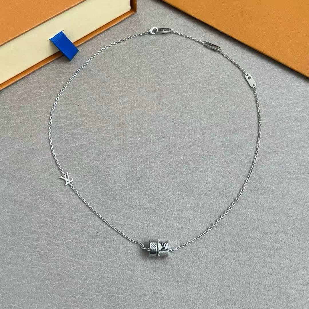 Louis Vuitton Silver Chain Necklace with Logo Charm